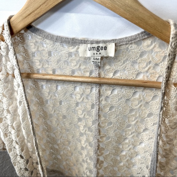 UMGEE Crochet Long Open Cardigan Lightweight Kimono Jacket Boho Gray Cream - Picture 3 of 4